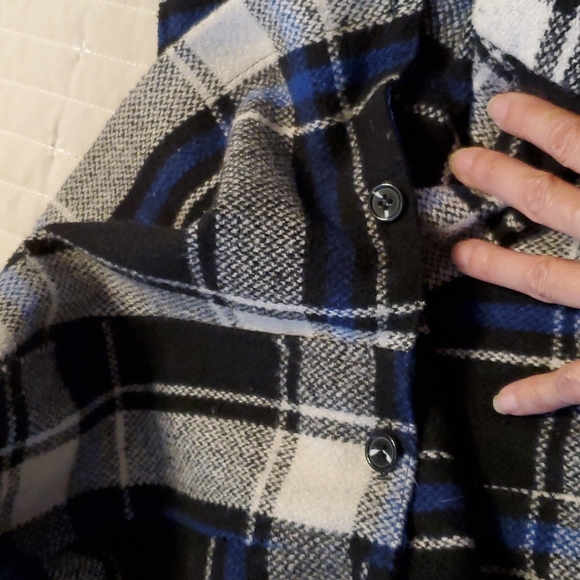 Retro 70's Pea Coat Coat Plaid Blue/Black Pockets Hood Wool Blend - Picture 10 of 11